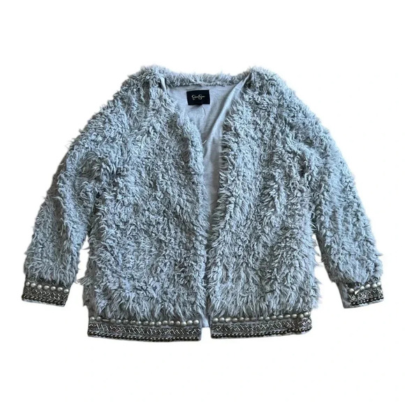 Jessica Simpson Gray Faux Fur Open Front Studded Kassidy Jacket S - Picture 2 of 5